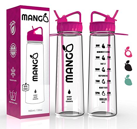 Mango Sports Water Bottle With Motivational Time Markings - BPA Free Plastic Sports Drinking Container With Flip Nozzle, Removable Straw And Leakproof Cap - Ideal For Running, Gym, Yoga, Outdoors - Adults & Kids