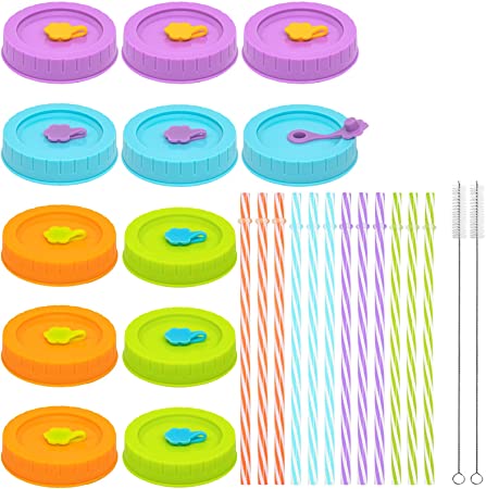 REGULAR Mouth Mason Jar Lids for Ball, Kerr, etc with Straw Hole/Straws/Silicone Stoppers/Rings/Clean Brush, BPA Free Colored Plastic Canning Jar Drinking Lids & Food Storage Caps 26 Pack