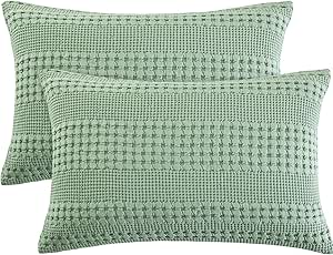 PHF 100% Cotton Waffle Pillowcases King Size, 2 Pack Soft Breathable Skin-Friendly Pillow Sham, Aesthetic Decorative Waffle Weave Pillow Case Covers, 20" X 36", No Filling, Sage Green