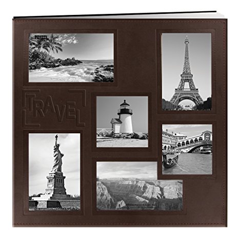 Pioneer 12-Inch by 12-Inch Collage Frame Embossed "Travel" Sewn Leatherette Cover Memory Book, Brown