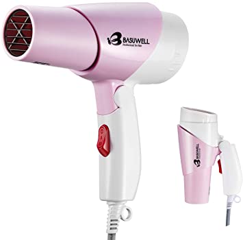 Basuwell Portable Folding Hair Dryer, 800W Mini Blow Dryer for Home Travel, Compact Size Lightweight Blow Dryer Best for Kids Use, 2 Speed and 2 Heat Setting (Pink&White)