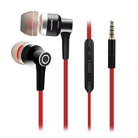 Metal Deep Bass Earphone, Kasonic Universal Housing Earbuds Tough Isolate Sound In-ear Headphone with Mic, Remote, Volume Control for Iphone, Samsung, Android Devices (Red-black)