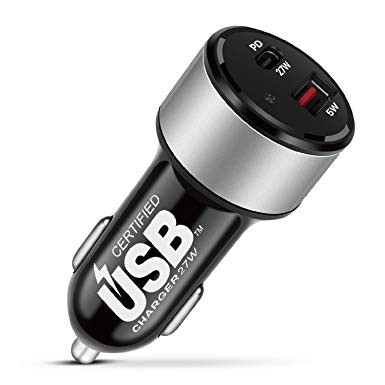 TNP Type-C PD Car Charger (USB-IF Certified) w/ 27W Power Delivery USB-C Port & 5W USB-A for 2017 MacBook/Pro, Pixel 2 XL/Pixel, iPhone X / 8/8 Plus (3.3ft USB-C Cable Included)