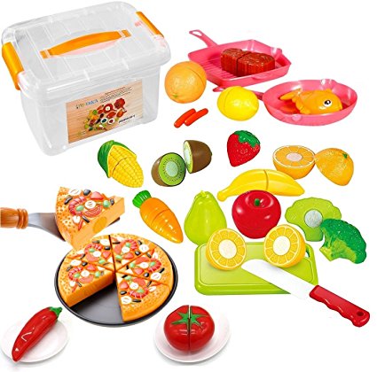 FUNERICA Set of Cutting Food Playset for Kids, includes Pretend Play Fruits and Vegetables, Play Food Pizza, Poultry, Mini Pots and Pans Set for Kids and More