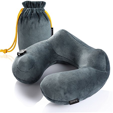 Purefly Travel Pillow Luxuriously Soft Inflatable Neck Pillow Support-Compact & Lightweight for Sleeping on Airplane, Car, and Train . Carrying Bag-Soft & Ergonomic One Size Design, Invention of the Year 2014