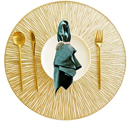Utalek Round Placemats for Dining Table Set of 4, Hollow Out Easy to Clean Table Mats Heat Resistant Wipeable Washable Non-Slip Placemats for Dining Kitchen Table Decorations Wedding (Golden)