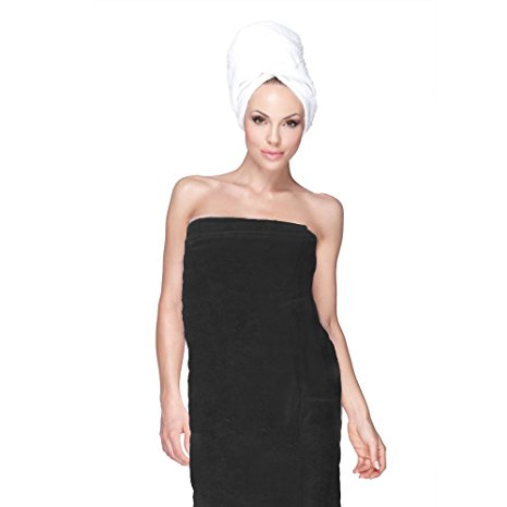 Women's Turkish Spa Bath Shower Wrap for College Dorms Gyms Beaches Bathroom Pools 100% Cotton Terry Velour Comfortable Luxury European Quality (Black)