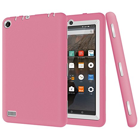 Fire 7 2015 Case, H&T Ultra Thin Hybrid Dual Layer Anti-Scratch Shockproof Protective Cover For Fire 7 Inch [Kids Friendly] Tablet (5th Generation - 2015 Release Only, NOT for 2017 Release), Pink