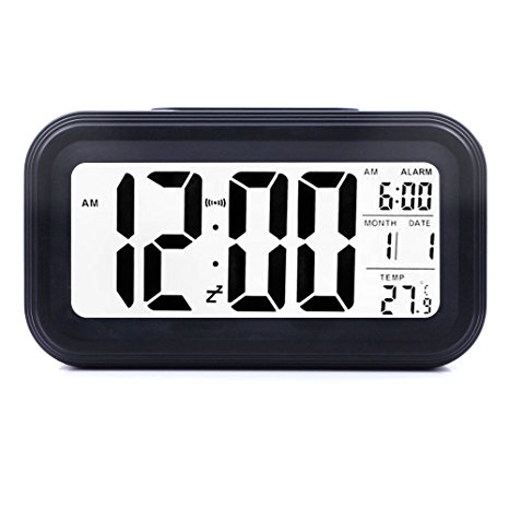 Battery Operated Digital Alarm Clock With Extra Large Display, Snooze, Date display, Temperature and Smart light (Black)