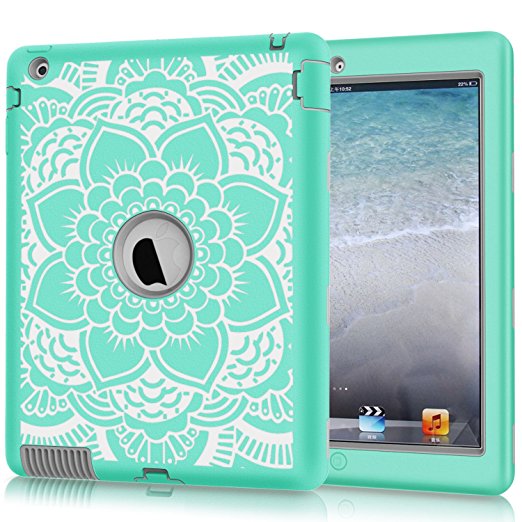 iPad 2 / 3 / 4 Case, Hocase Rugged Shock Absorbent Double Layer Hard Rubber Protective Case Cover with Cute Flower Pattern for Apple iPad 2nd / 3rd / 4th Generation 9.7" - Aqua / Grey