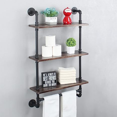 Industrial Pipe Shelving,Iron Pipe Shelves Industrial Bathroom Shelves with Towel bar,24in Rustic Metal Pipe Floating Shelves Pipe Wall Shelf,3 Tier Industrial Shelf Wall Mounted,Retro Black