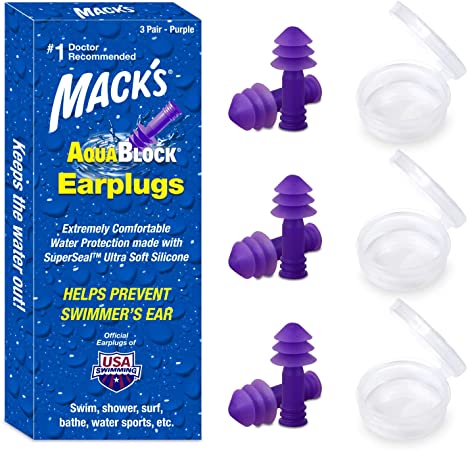 Mack's AquaBlock Swimming Earplugs, 3 Pair - Comfortable, Waterproof, Reusable Silicone Ear Plugs for Swimming, Snorkeling, Showering, Surfing and Bathing (Purple)