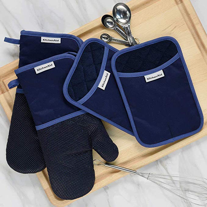 KitchenAid 4 Piece Kitchen Set w/Silicone 2 Oven Mitts, 2 Pot Holders (Blue)