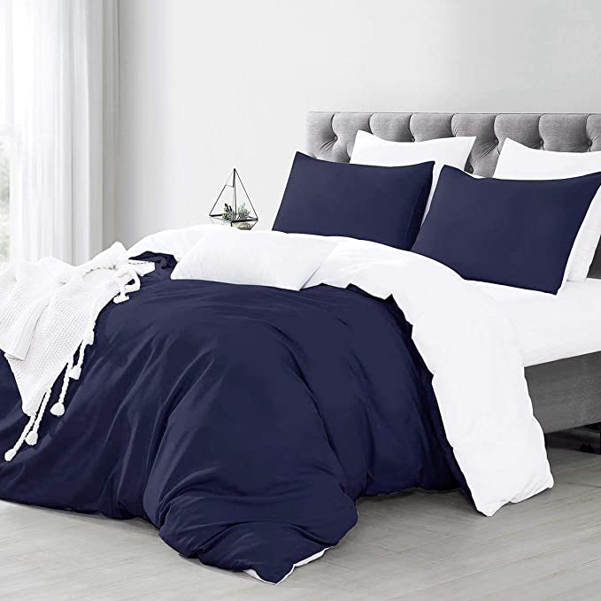 RUIKASI Duvet Cover Sets Full/Queen Size (90x90 inches) Dark Blue /White 100% Super Soft Sleeping Comfort Microfiber Bed Duvet Covers with Zipper Closure - 3 Pieces (1 Duvet Cover + 2 Pillow Shams) Bedding Sets
