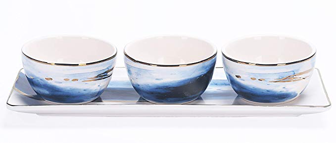 Bico Marble Watercolor Ceramic Dipping Bowl Set (13oz bowls with 14 inches platter), for Sauce, Nachos, Snacks, Microwave & Dishwasher Safe, House Warming Birthday Anniversary Gift