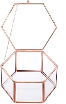 Hipiwe Vintage Glass Jewelry Box - Rose Gold Hexagonal Jewelry Display Organizer Keepsake Box Home Decorative Box Case for Storage Trinket Ring Earring Chest,Large