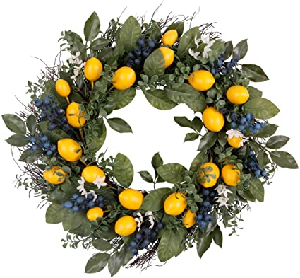 Valery Madelyn 24 Inch Spring Fruit Wreath with Artificial Lemons, Blueberry and Green Leaves, Summer Wreath for Front Door and Home Decoration