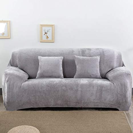 Thick Sofa Covers 1/2/3/4 Seater Pure Color Sofa Protector Velvet Easy Fit Elastic Fabric Stretch Couch Slipcover size 2 Seater:145-185cm (Light Gray)