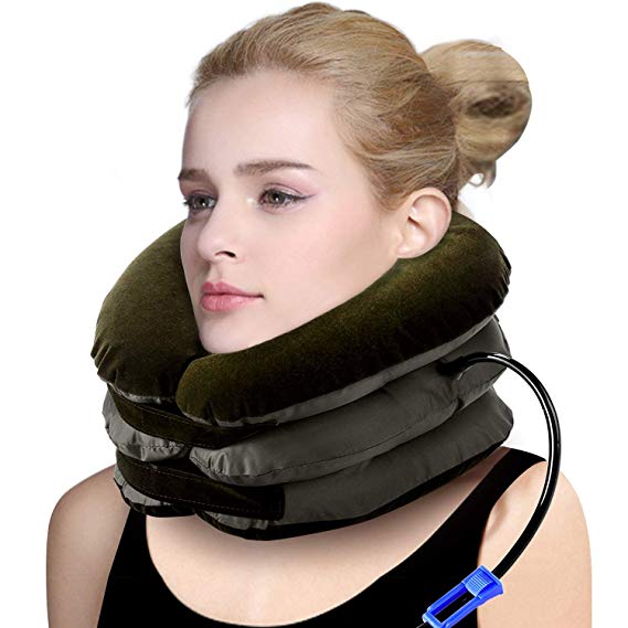 P PURNEAT Cervical Neck Traction Device Inflatable & Adjustable Neck Stretcher Collar for Home Traction Spine Alignment 【2018 Upgraded Version】 Pillow Office (1pack,Brown)