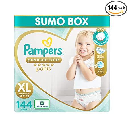 Pampers Premium Care Pants, Extra Large size baby diapers (XL), 144 Count, Softest ever Pampers pants