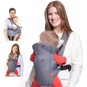 Nuby Deluxe Baby Carrier: Newborn to Toddler with Lumbar Support for 7.7-32.8 lb. (3.5-14.9 kg) | Lightweight Breathable Mesh Fabric | Bonus Teether | Removeable Baby Drool Bib | Color: Grey