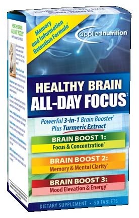 Applied Nutrition Healthy Brain All Day Focus, 50 Tablets Per Bottle (2 Pack)