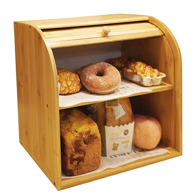 Goodpick Bamboo Bread Box - 2 Layer Large Capacity Bread Box - Countertop Bread Storage Bin - Rolltop Breadbox for Kitchen Counter Large Capacity Bread Keeper,15“ x 14.2" x 9.8", Fully Assembled
