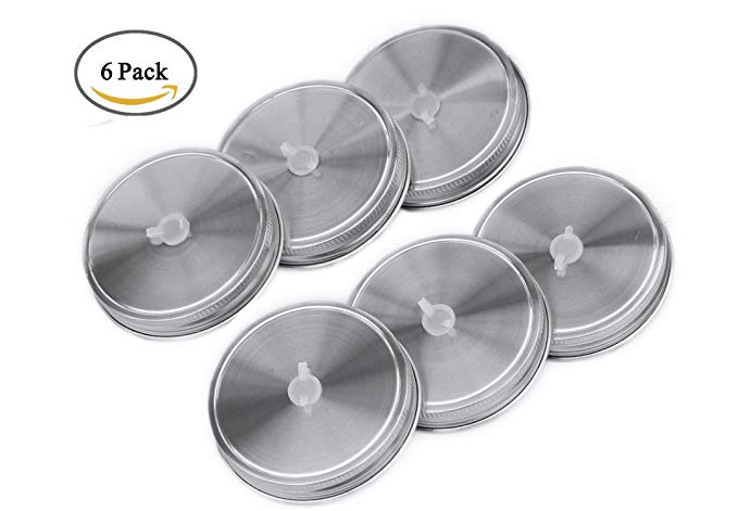 Mason Jar Lids with Straw Hole 18/8 Stainless Steel with Silicone Rings (6 Pack , Regular Mouth) …
