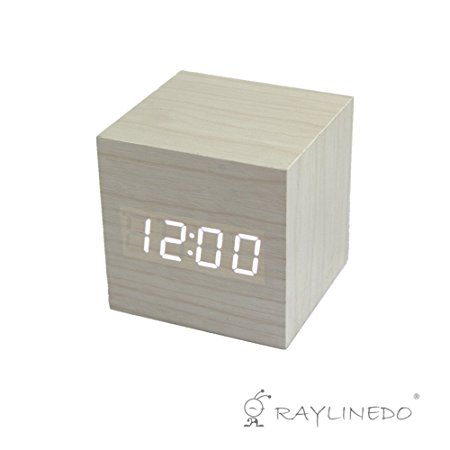 Most beautiful Latest Design Fashion White Wood Cube Mini White LED Wooden Digital Alarm Clock -Time Temperature Date Display - Voice and Touch Activated