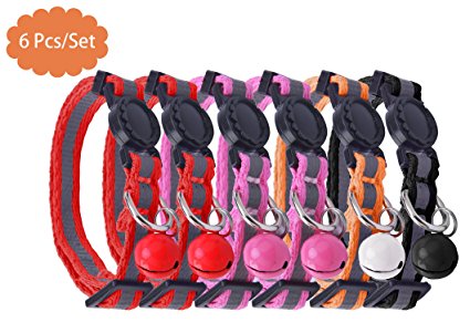 AWAMI 6 PCS Safety Reflective Cat Collar Breakaway Cats Collars with Bell, Adjustable 8-10"