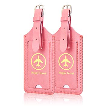 [2 Pack]Luggage Tags, ACdream Leather Case Luggage Bag Tags Travel Tags 2 Pieces Set, Light Pink