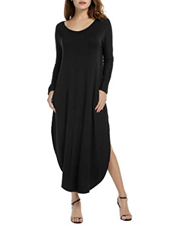 ACEVOG Women's Solid Long Sleeve Pocket Loose Casual Maxi Dress Plus