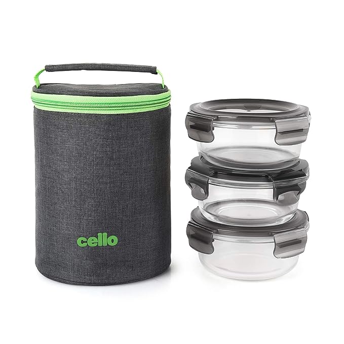 Cello Seal O Fresh Borosilicate Microwavable Round Glass Lunch Box (Grey) - 3 Pieces