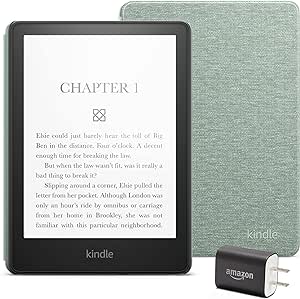 Kindle Paperwhite Essentials Bundle including Kindle Paperwhite (16 GB) - Black - Without Lockscreen Ads, Fabric Cover - Agave Green, and Power Adapter