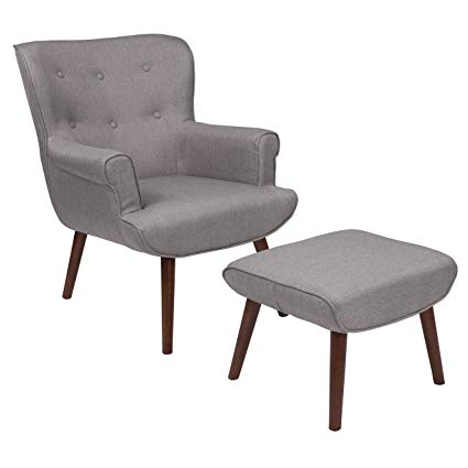 Flash Furniture Bayton Upholstered Wingback Chair with Ottoman in Light Gray Fabric