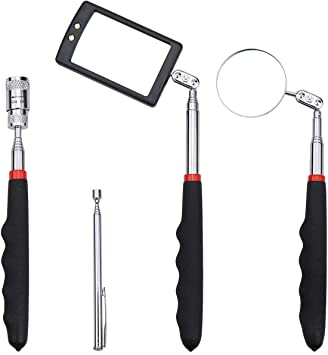 Homgaty 4 pcs Telescoping Magnetic Pickup Tool Set Including 1.5 lb /8 lb Pick-Up Rod (8 pounds with LED lights）and Square/round Inspection Mirror(Square with LED lights)