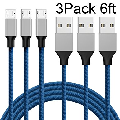 ONSON Micro USB Cable,3Pack 6FT Long Nylon Braided High Speed 2.0 USB to Micro USB Charging Cables Android Fast Charger Cord for Samsung Galaxy S7 Edge/S6/S5/S4,Note 5/4,HTC,LG,Tablet (Blue)