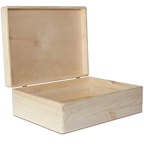 XL Large Wooden Box Storage Keepsake Wood Plain | 40 x 30 x 14 cm | with Lid | Unpainted Chest without Handles | Perfect for Documents, Valuables, Toys & Tools