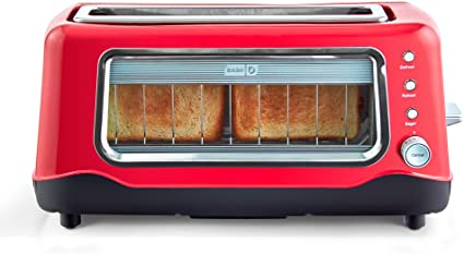 Dash Clear View Toaster, Defrost, Reheat   Auto Shut Off Feature For Bagels, Specialty Breads & Other Baked Goods, Red