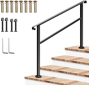 VIVOSUN Outdoor Handrail, 4 Step Stair Handrail, 54" x 36" Fits 1 to 4 Steps, Wrought Mattle Iron Stair Railing with Curved Ends for Concrete Steps, Porch Steps, One-step Assembly, Black