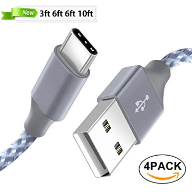 USB Type C Cable, ONSON 4Pack 3FT 6FT 6FT 10FT Nylon Braided USB A to USB C Charger Cable Fast Charging Cord for Samsung Galaxy Note 8 S8 Plus, LG G5 G6 V30, HTC 10, Nexus 5X/6P,Google Pixel XL - Gray