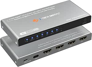 J-Tech Digital 4K 60Hz 4x1 HDMI & USB-C Switch | 3 HDMI   1 USB-C Input, 1 HDMI Output | Compatible w/HDR & Dolby Vision | IR Remote, Auto Switch, CEC, Digital Audio [JTECH-4KSW3H1C]