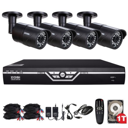 ZOSI 8 Channel 720P HD Security System with 1TB Hard Drive, 4pcs 1MP 720P outdoor waterproof 1200TVL Metal Cameras, 720P DVR, and 100' Night Vision Support 3G/4G Moblie phone remote view