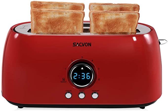Toaster 4 Slice Long Slot, SACVON Stainless Steel Retro Toasters with Big Timer, Removable Crumbs Tray, Red