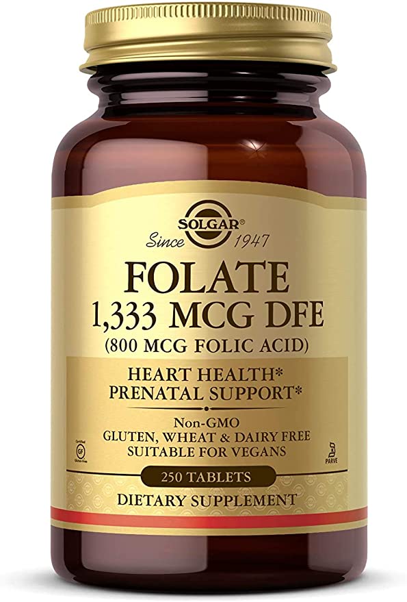 Solgar Folate 1,333 MCG Dietary Folate Equivalent (800 mcg Folic Acid), 250 Tablets - Heart Health, Healthy Nervous System, Prenatal Support - Non-GMO, Vegan, Gluten Free, Dairy Free - 250 Servings