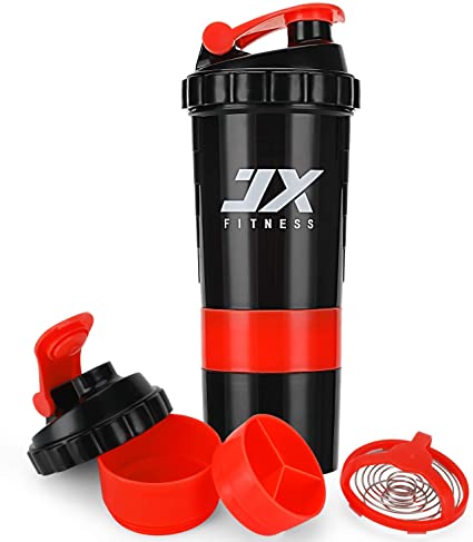 JX FITNESS Sports Protein Mixer Shaker Bottle- Leak Proof Sports Bottle- 16oz Shaker Cup with Measurement Mixing Grid- 5oz Split Twist Off Storage for Powder or Capsule- BPA Free