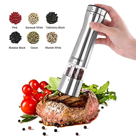 Electric Salt or Pepper Grinder, CUSIBOX Stainless Steel Electric Pepper Grinder or Salt Mill with LED Light at Bottom, Pepper Mill Shaker with Adjustable Grind Coarseness