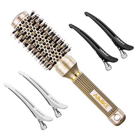 AIMIKE Round Brush, Nano Thermal Ceramic & Ionic Tech Hair Brush, Small Round Barrel Brush with Boar Bristles for Blow Drying, Styling, Curling and Shine (2.4 inch, Barrel 1.3 inch)   4 Free Clips