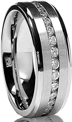 Metal Masters Co. 7MM Men's Eternity Titanium Ring Wedding Band with Cubic Zirconia CZ Sizes 5 to 13