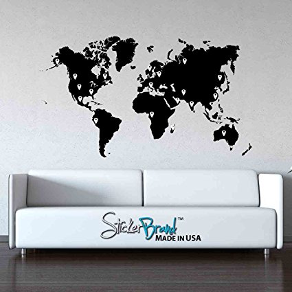 Stickerbrand Vinyl Wall Art World Map of Earth with Pin Drops Wall Decal Sticker - Black Map w/ Red, Black, White & Grey pins, 60" x 100". Easy to Apply & Removable - FREE Application Squeegee